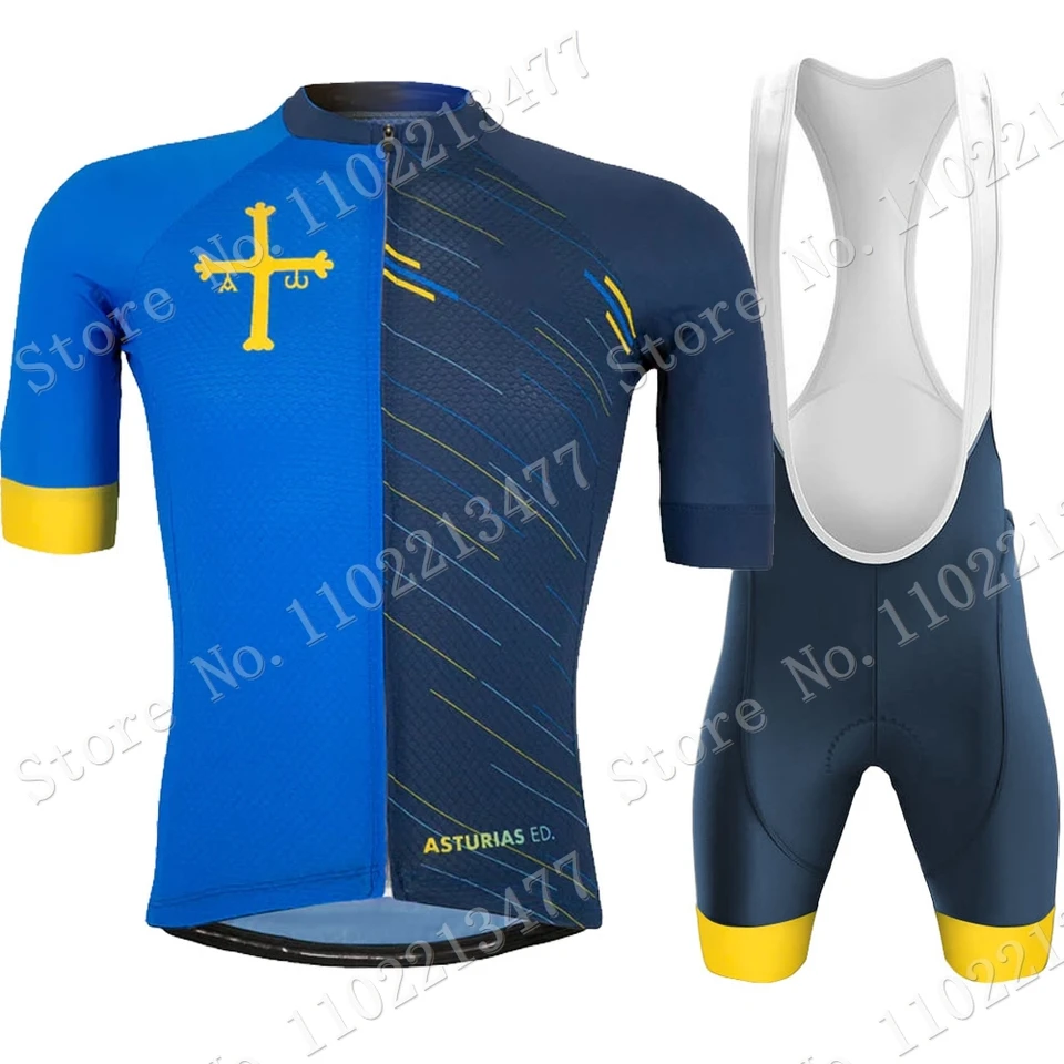 Cyklistický dres Asturias 2023 Set Bicykel Španielske modré odevy Road košele na bicykli bryndrs kraťasy mtb oblek ropa maillot culotte