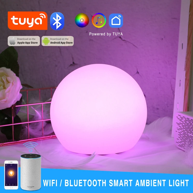 D15/20 cm Smart Life RGB Ball Light WiFi Bluetooth Tuya Control Control Dommable stolová lampa ins Hot Spálňa Nočné svetlo kvapky