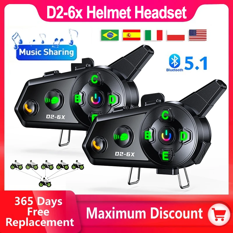 D2-6X Motocyklová prilba prilba Wireless Bluetooth Intercomunicador Moto LCD Display Music Share pre 6 Rider 1000M intercom