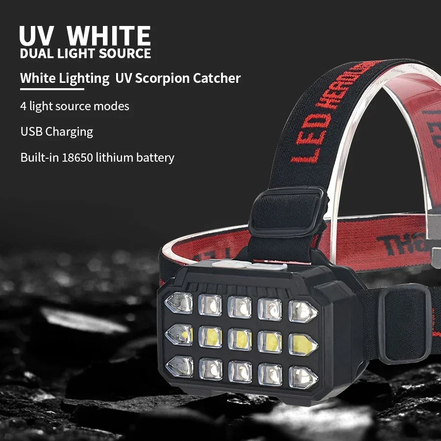 D2 UV+biele svetlo Duálne použitie LED svetlomet LED svetlomet USB Nabíjateľný svetlometový svetlo vodotesný vonkajší kempingová baterka