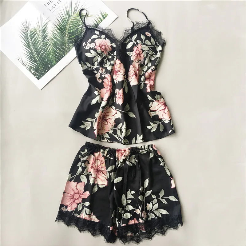 Daeyard Dámske pyžamy sexy spodná bielizeň hodváb Celkovo tlač a šortky 2pcs pyžama set letné oblečenie Summer pijama nočné domáce oblečenie