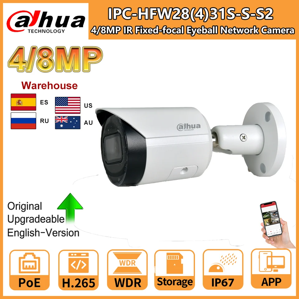 Dahua 8MP bezpečnostná kamera Bullet 4K IPC-HFW2831S-S-S2 4MP IPC-HFW2431S-S-S2 POE IR SD CARD Slot Slot STARLIGHT VIDEO DORKA