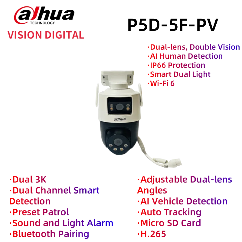 Dahua CCTV P5D-5F-PV 5+5MP 2,8 mm+6 mm duálne IR 40 m a plná farba 50 m vstavaná mikrofón a spk ľudská detekcia Pan & Tilt WiFi Camera