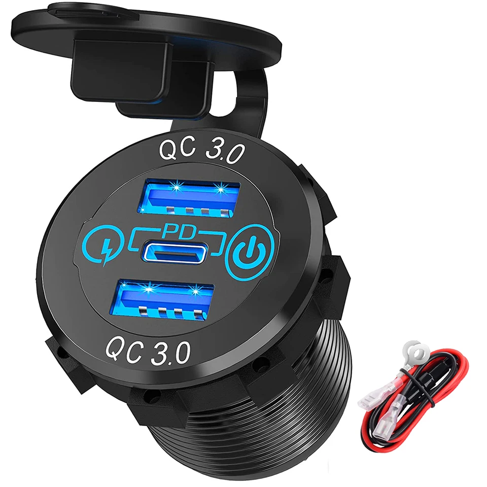 DAIERTEK CAR USB nabíjačka nabíjačku kov 60W nabíjačka 12V 24 V USB Outlet PD USB-C a dva porty QC3.0 dotyk pre lodnú námornú loď