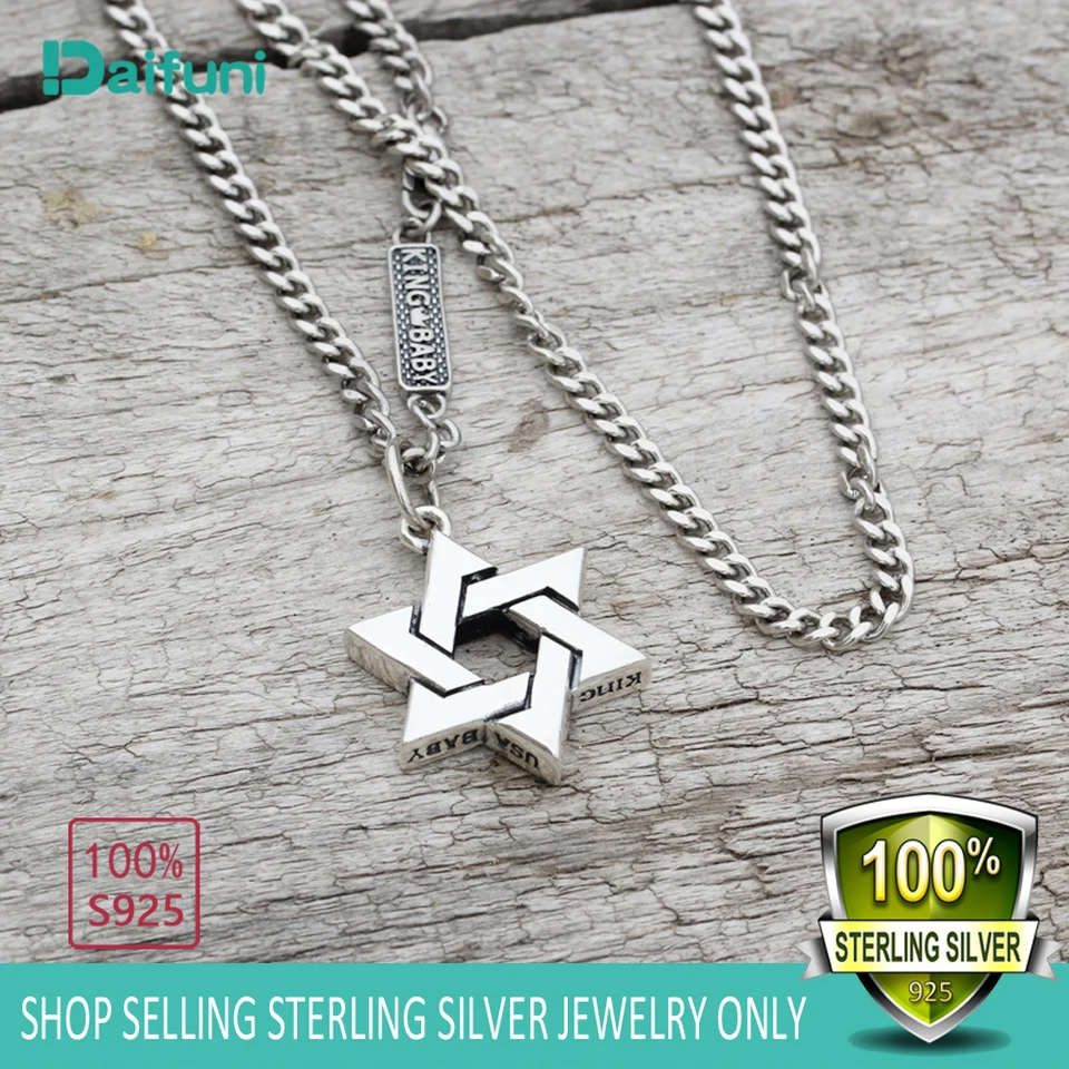 Daifuni 100% S925 Sterling Silver Star of David Pendant náhrdelník pre mužov Hip Hop/Rock Charm Sweater Sweater módne šperky darček