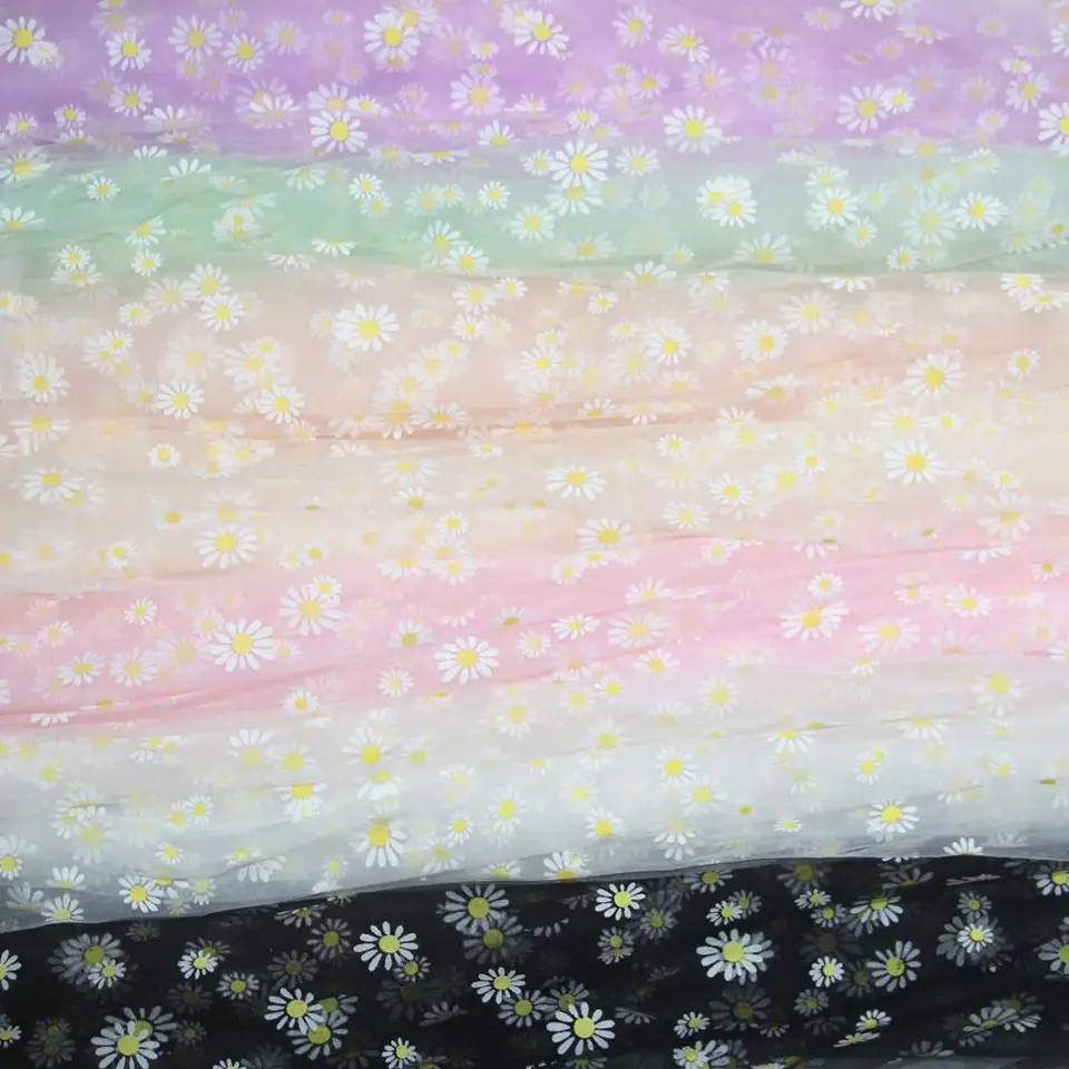 Daisy kvetina potlačená tyl s mäkkou sieťou dievčat kvetinové oblečenie dám oblečenie materiál svadobná narodeninová oslava šijací materiál