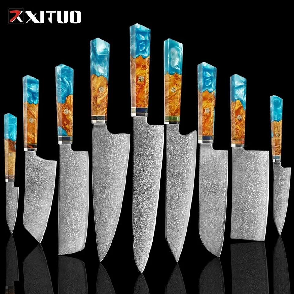 Damascus nôž set 1-9pcs japonský šéfkuchár nôž Damascus vg10 oceľový kuchynský nôž holiaci strojček ostré santokové nože ergonomická rukoväť