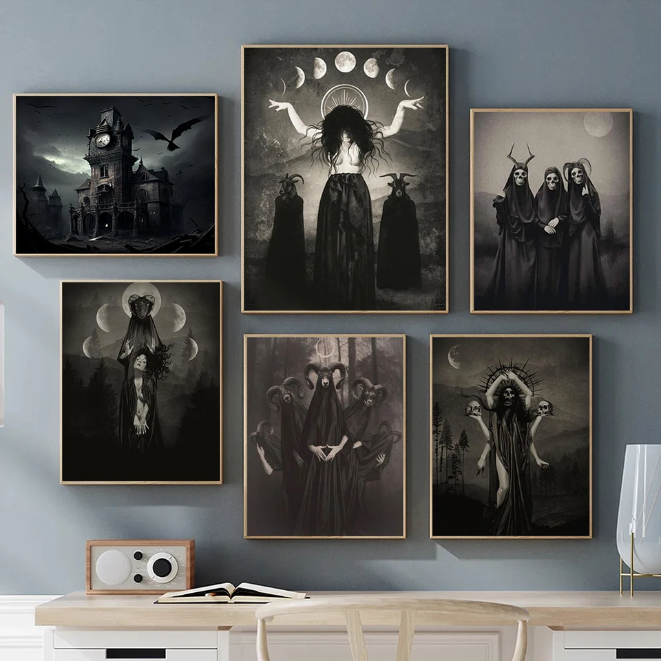 Dark Academia Art Black Death Plagát výtlačky pre obývaciu izbu Domáce dekorácie Nordic Gothic Horror čarodejnica maľba maľba nástenné umenie