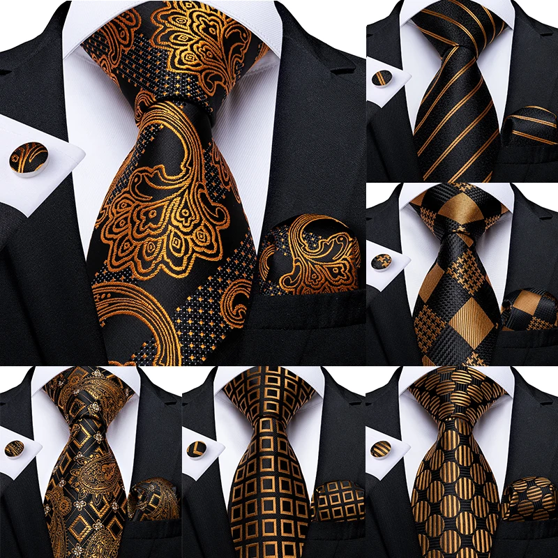 Darčekovia kravata zlato čierna pruhovaná paisley hodvábna svadobná kravata pre mužov Dibangu Design Hanky ​​Cufflink Kvalita mužov kravata sada dropshipping