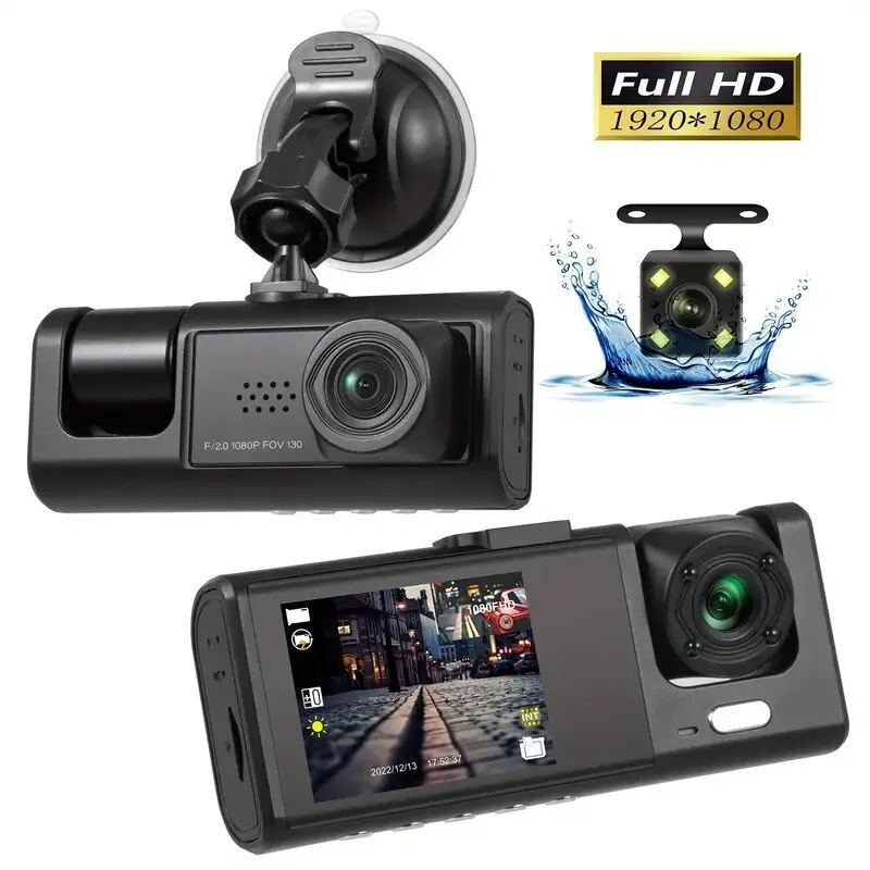 Dash Cam, 3 -kanálová palubná vačka, 1080p predné a zvnútra, trojnásobok s WiFi, HDR, 24 -hodinové parkovanie, nahrávanie slučky