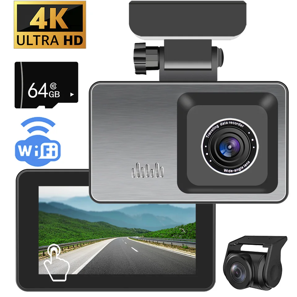 Dashcam 4K pre prednú a zadnú DVR fotoaparátu automobilu s reverznou dotykovou obrazovkou 24h parkovacia g-senzor so 64 GB kartou