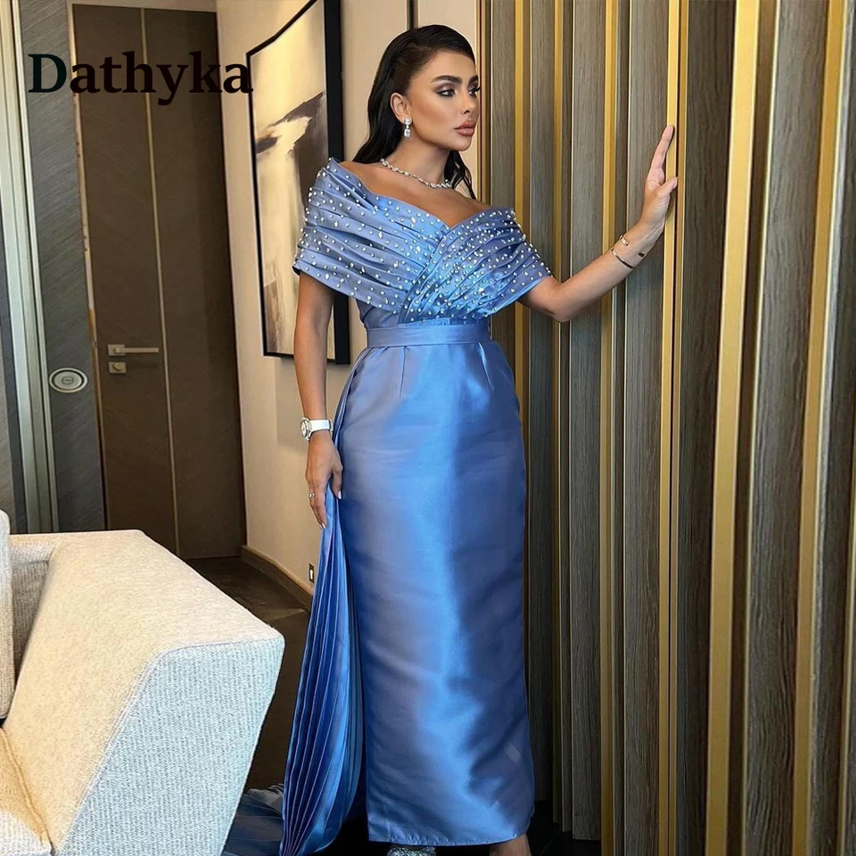 Dathyka Fancy Pleats Večerné šaty pre ženy z ramena perly sashes v krk party šaty Vestidos de gala prispôsobené