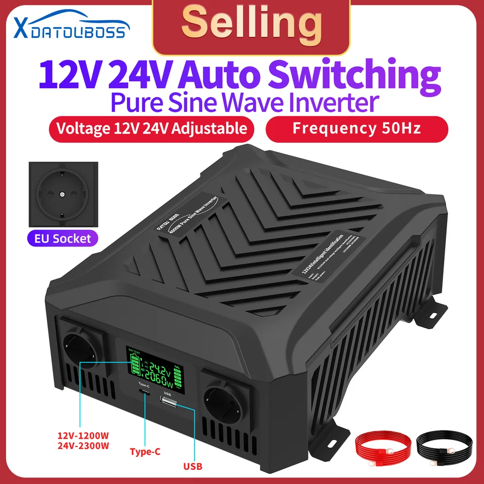 Datou Boss Pure Sine Wave Inverter 12V 24V 1200W 2300W Dve napätie Podpora DC AC Inverter 12V až 220 V EÚ Peak Power 4000W