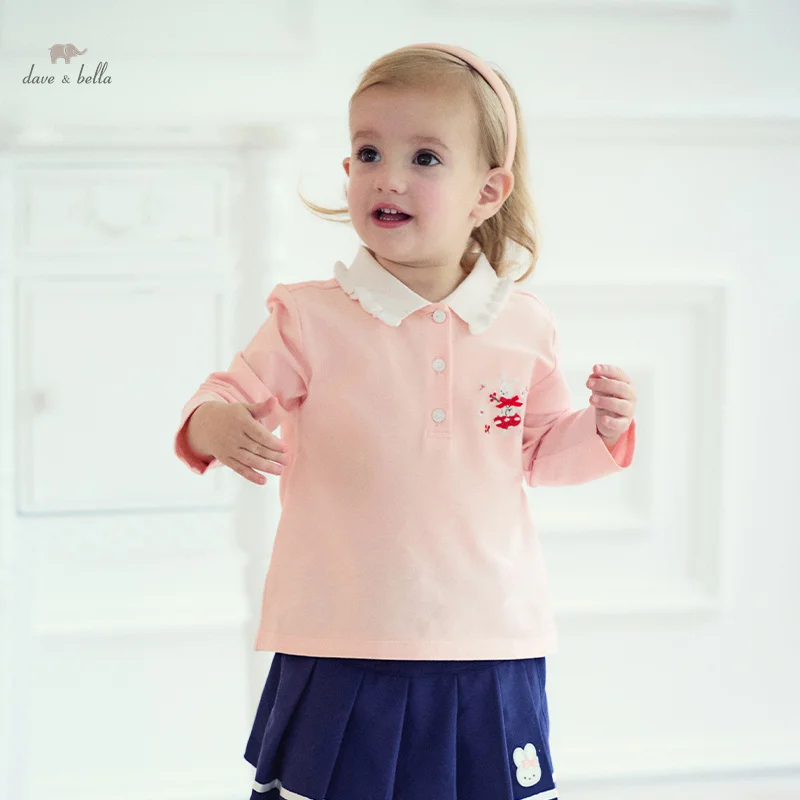 Dave Bella 2024 Nová jesenná dievčatka detské tričko Deti pólo top Sweet Cute Undershirt Cotton Long Ruckves Príležitostné DB3242269