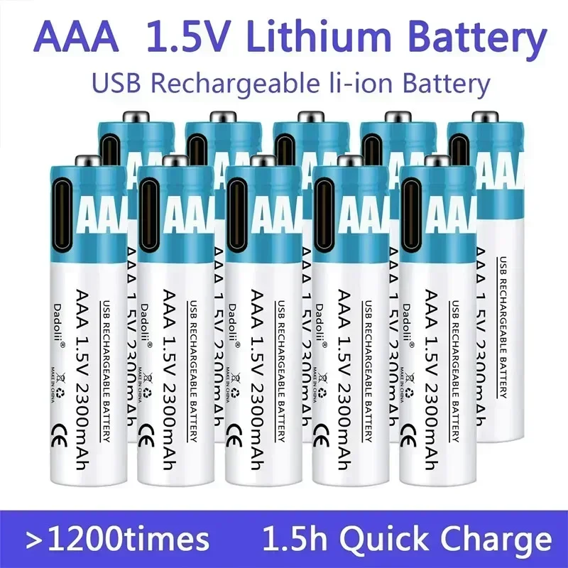 Daweikala, AAA Lithium Polymér nabíjateľná batéria, nová 2300 mAh batéria, 1,5 V, rýchle nabíjanie typu USB C.