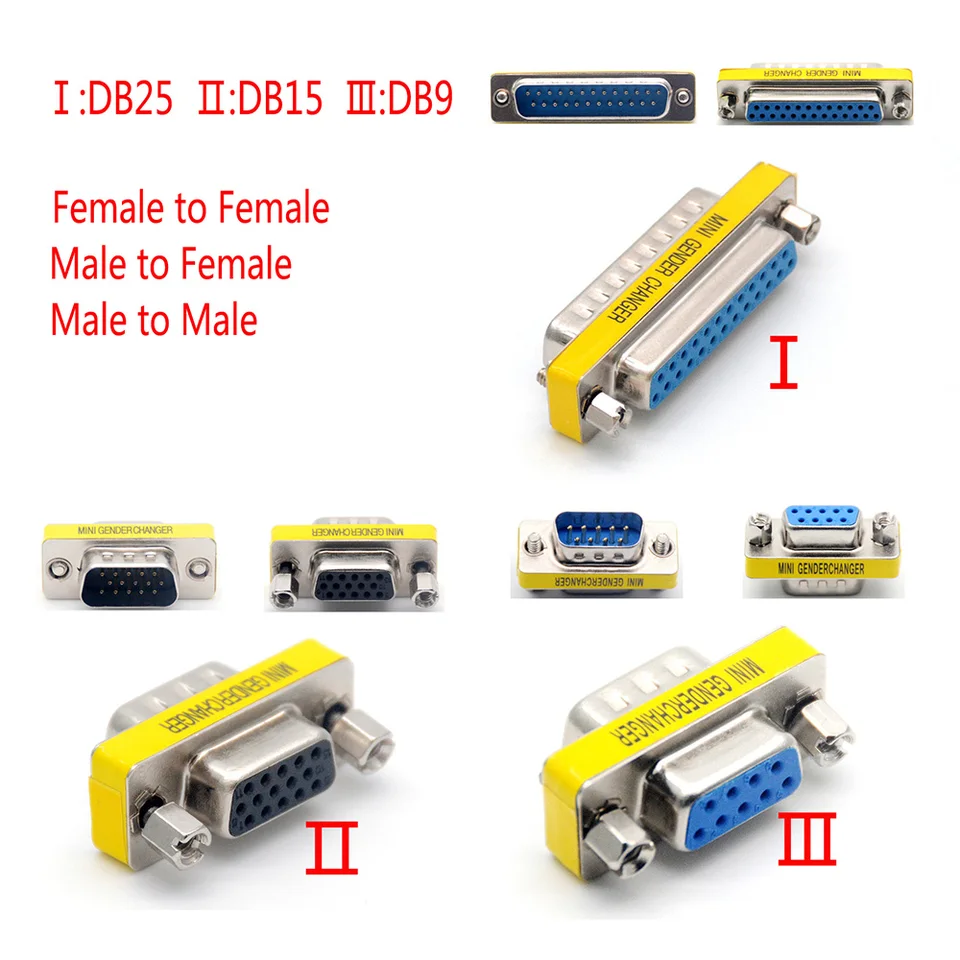 DB Series D-Sub DB9 DB15 DB25 9/15/25 PIN Muž/žena k mužovi/ženskému konektoru portu VGA MF MF MM FF Adaptér rodovej zmeny