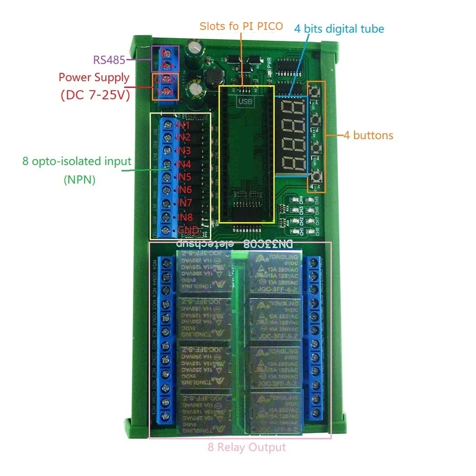 DC 12-24V 8 kanál Simple PLC Relay Board pre Raspberry Pi Pico Python C ++ DN33C08