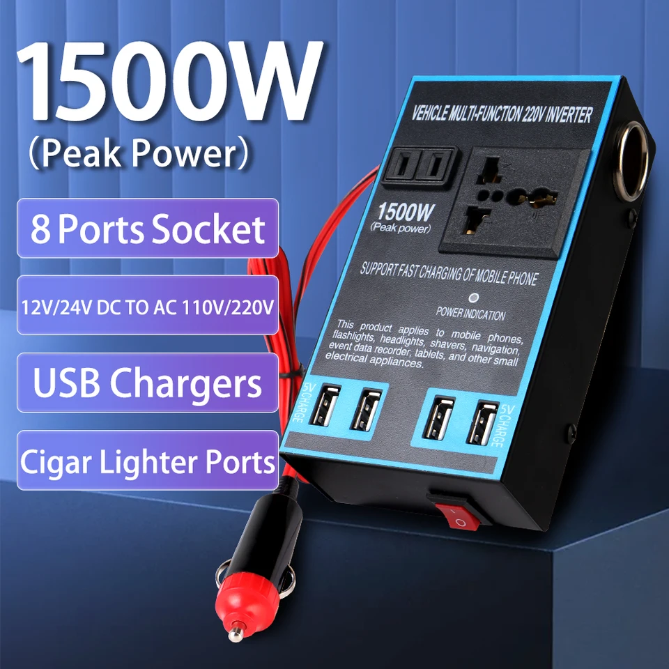 DC 12V/24 V až AC 110V/220V Rýchle nabíjanie Inverter Cigar Socket Socket Socket USB nabíjačky