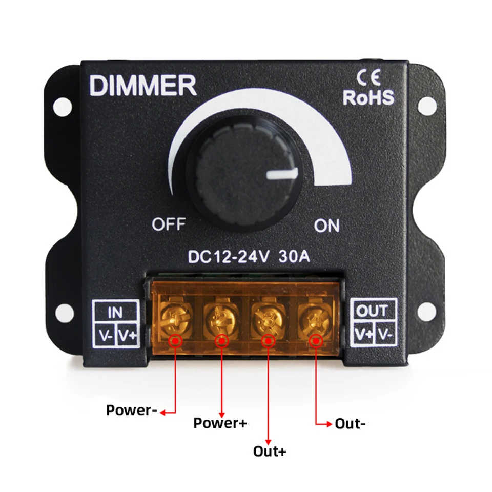 DC 12V 24V 30A 360W prepínač LED Dimmer 12 24 V Volt 30A 360 W napätie Regulačný nastaviteľný ovládač pre stlmenie lampy LED