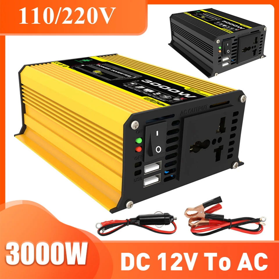 DC 12V až AC 110/220V 3000W Inverter LCD LCD displej Dual USB Sinine Wave Converter Rýchle nabíjanie pre notebooky s telefónom