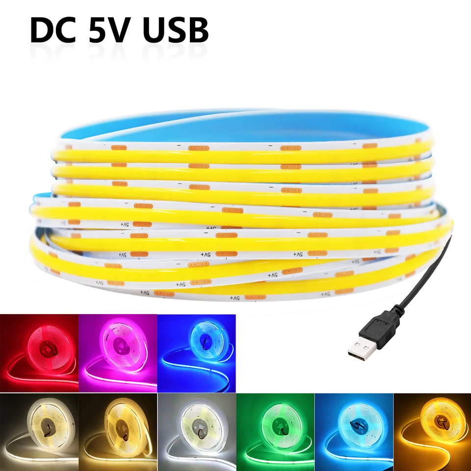 DC 5V USB COB LED prúžok červená ľadová modrá ružová ružová žltá farba biele biele svetlo 320LEDS/M Flexibilná páska TV podsvietenia domáce dekorácie 0,5 m-5 m