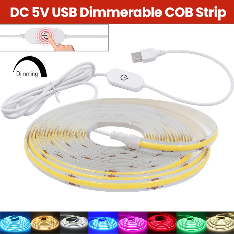 DC 5V USB Touch Dimmer Cob LED pásik 320LEDS/M Červená/ružová/ľadová modrá/zelená domáca dekorácia Flexibilná LED páska nočná svietidlo LAMP