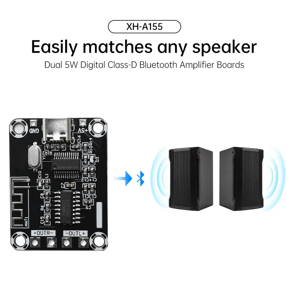 DC5V Mini XH-A155 PAM8403 Ultra Clear D-Class Bluetooth 5 Digitálna zosilňovacia doska 5W+5W Zosilňovacia doska typu C DC5V napájanie