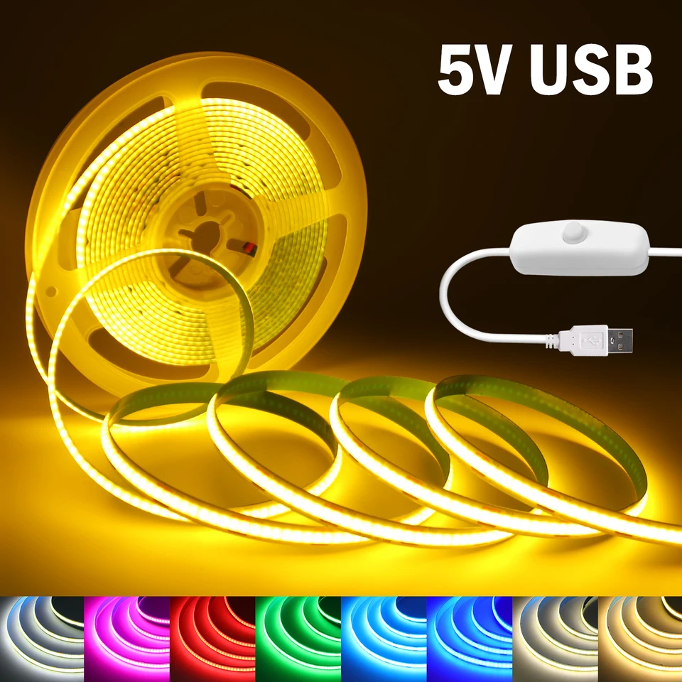 DC5V USB COB LED svetlo LED SLEP s vypnutím 320LED/m VYSOKÁ Hustota Flexibilná páska Teplá/prírodná/biela/červená/ľadová modrá/zelená/ružová