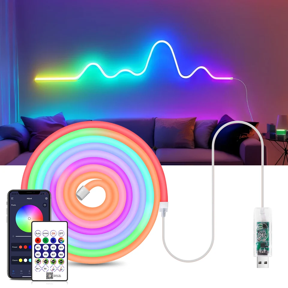 DC5V USB RGBIC NEON LED SLOP LIGHT WS2812 Vodotesná neónová lampa inteligentná Bluetooth Control App pre miestnosť DECON WILLY LILLES