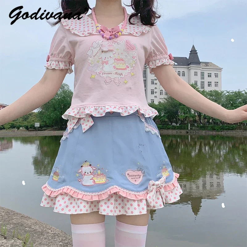 Dcéra oblečenie dievčatá sladké roztomilé polka dot s krátkym rukávom Cartoon Tričko kawaii krátke sukne 2-kusové letné letné oblečenie