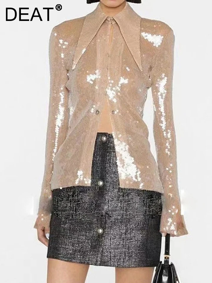 Deat Fashion Dámsky košeľa klopové erupcie dlhé rukávy s jedným gombíkom Flitrom zostrihané tenké plné farebné blúzky Jeseň 2025 nový 17A9474