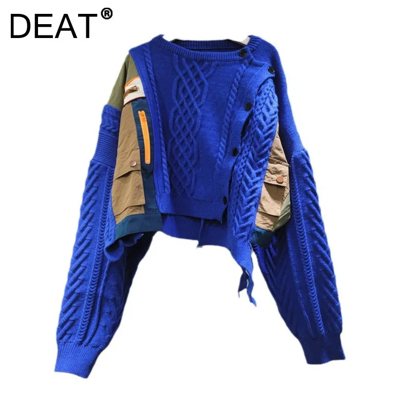 DEAT Ženy Cardigan Contras Color Pattwork Design Loose Short Coat Pletené nepravidelné svetre 2025 Nová jarná móda 33A2043