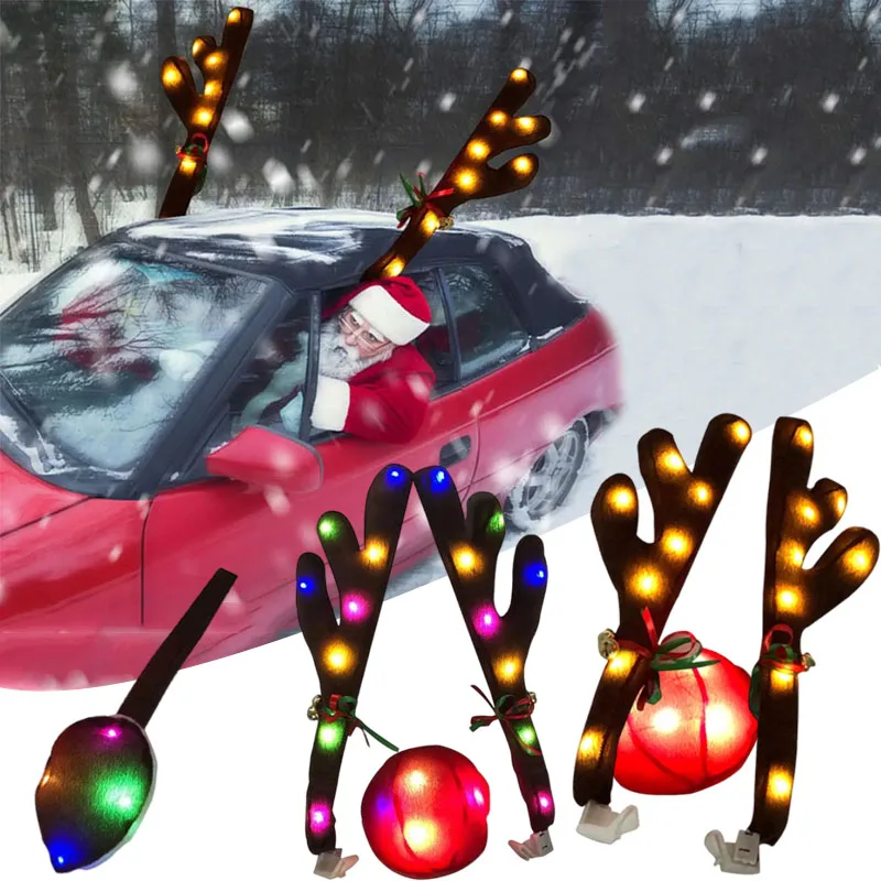 Decorácie voči aute Reoborácie vianočné dekorácie súprava s LED svetlom auta automobilový kostým vianočné parohy Deer dekor