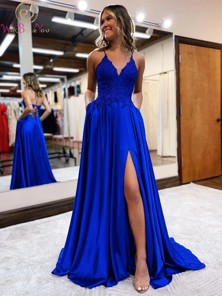 Deep V Neck Royal Blue Evening Dayses 2024 Satin Long Front Slit Sexy Front Split Lace Applique korálkové plesové šaty Formálne párty