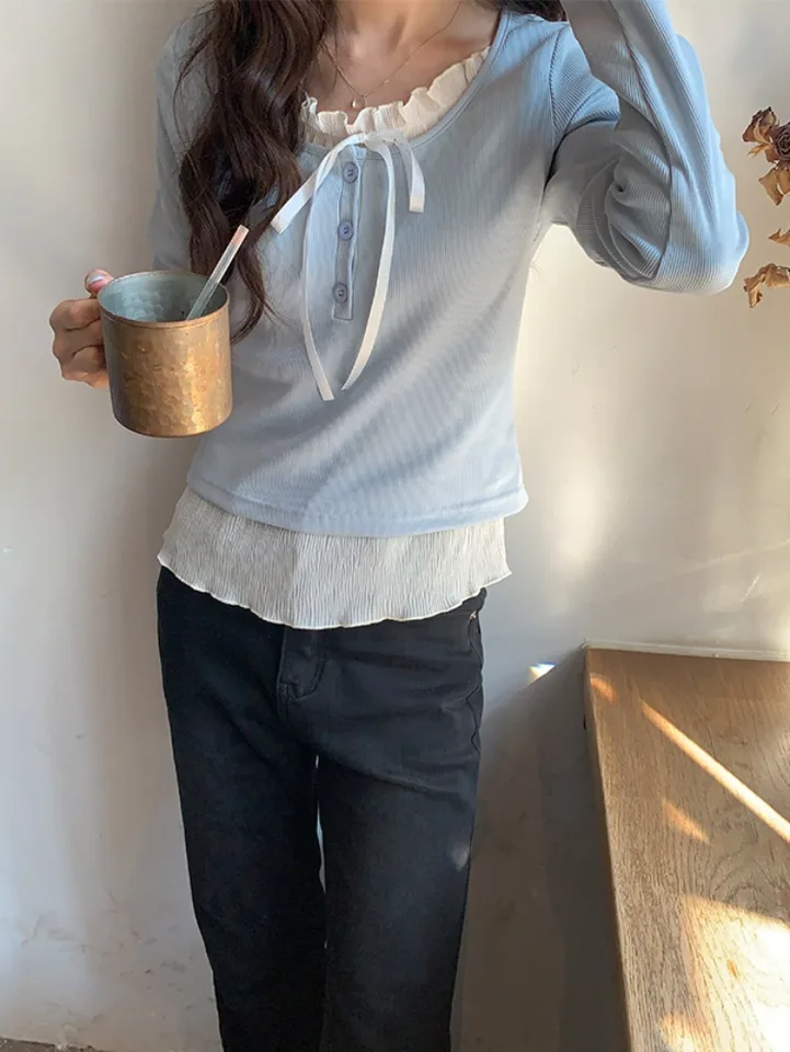 Deeptown Coquette Blue Crop T Tirls Women Sweet Bow estetické falošné dvojdielne topy kórejské módy y2k s dlhým rukávom Autumn