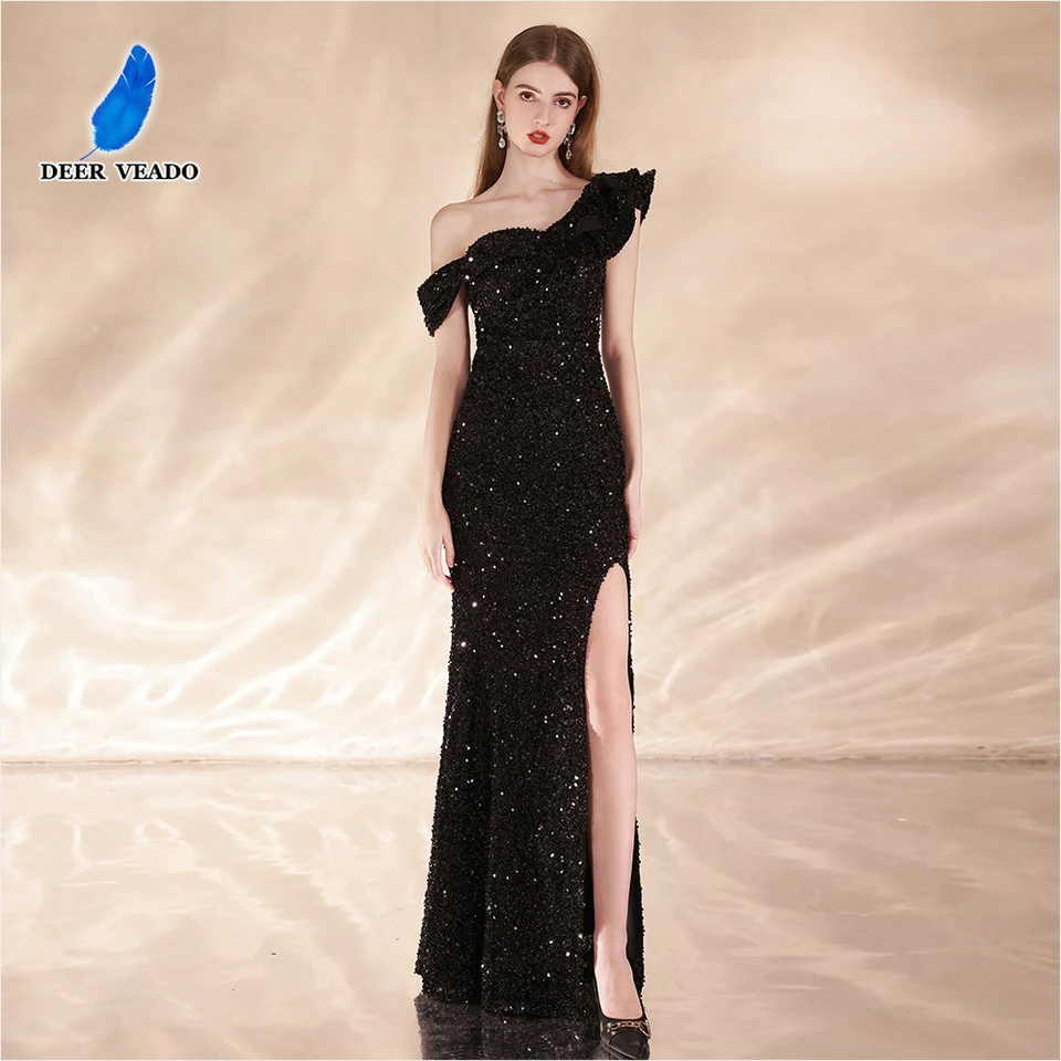 Deerdeado One Rameno Evening Dress for Women Elegantné a pekné šaty pre prom morskú morskú štrbinu Formálne flitrové večierky maxi šaty
