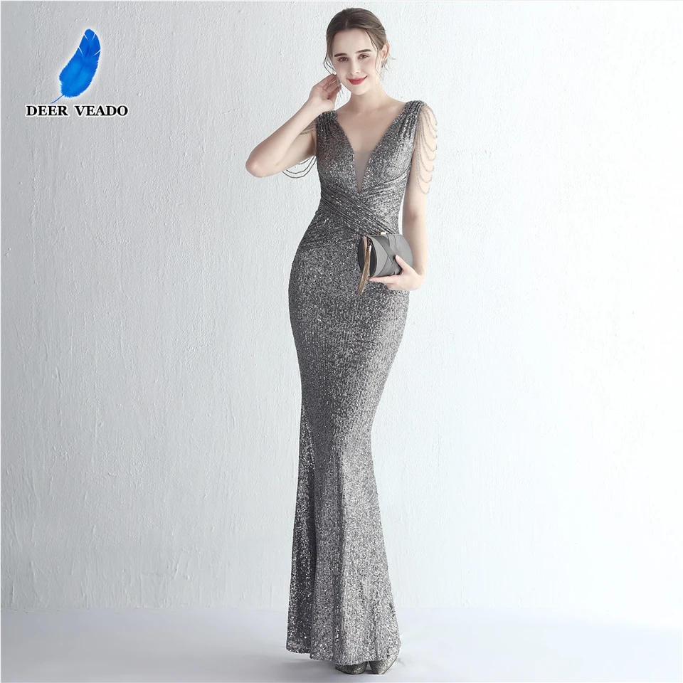 Deerdeado Ženy Elegantné korálky Večerné šaty dlhé morské panny Deep V Fližby krku maxi párty šaty večerné šaty robe de soiree