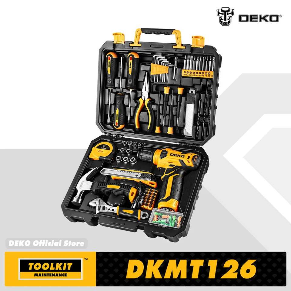 DEKO DKMT126 Kombinované súpravy napájacieho náradia s 8V bezdrôtovými vŕtačkami, domácimi domácimi nástrojmi DIY Ručné súpravy ， 10 mm 3/8 '' Keyless Chuck