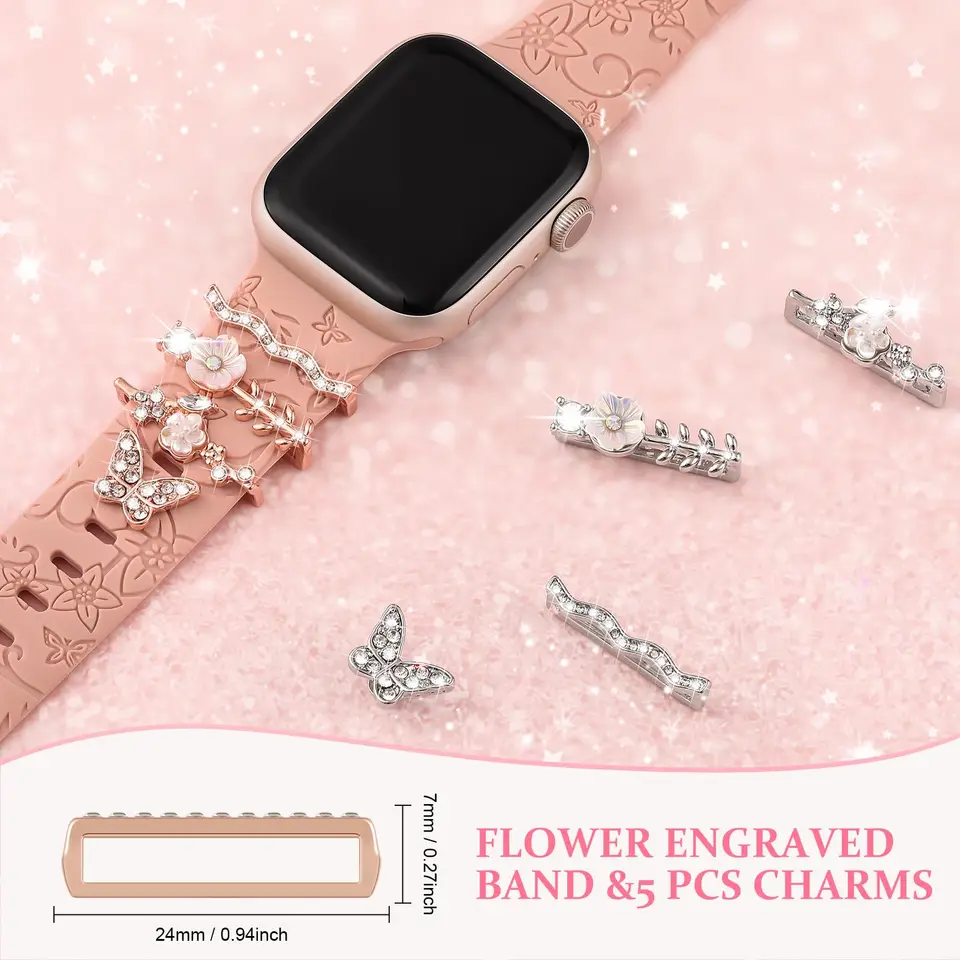 Dekorácia pre Apple Watch Band 10 9 8 7 6 SE Diamond Jewelry Charms pre 20/22 mm náramok kamienok kovové kovové nechty+prsteň+prsteň
