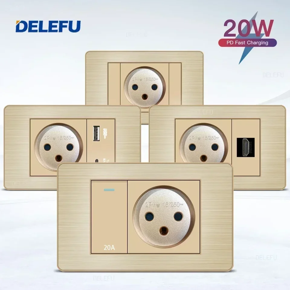 Delefu zlatý panel z nehrdzavejúcej ocele Izrael Štandardný USB Type C Rýchle nabíjanie steny Skladacie svetlo Svetlo Satellite TV Tel Cat5 Cat6