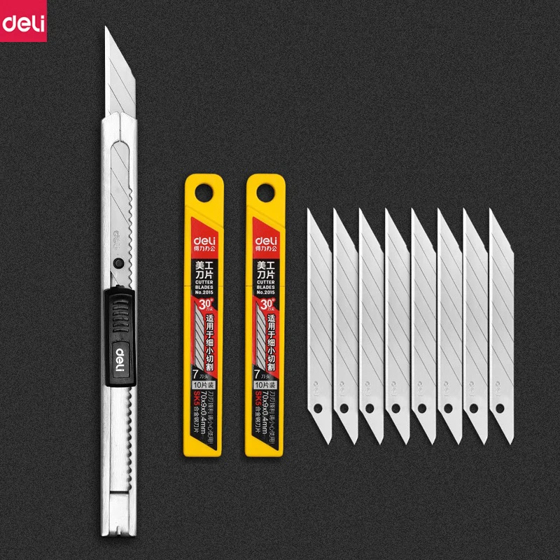 Deli Metal Utility Nôž na papier na papierovú rezačku natiahnuteľnú krabicu Cutter Vinyl Craft Cutter Nôž s 30 stupňom snímok čepeľ Art Nože
