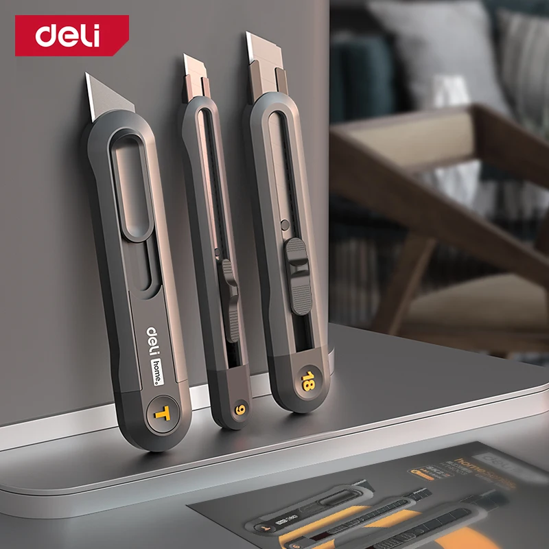 Deli Snap-off Utility nôž mini natiahnuteľné krabičky 9 mm 18 mm High Carbon Steel Blades Automatické zámok Office Home Použitie ručný náradie