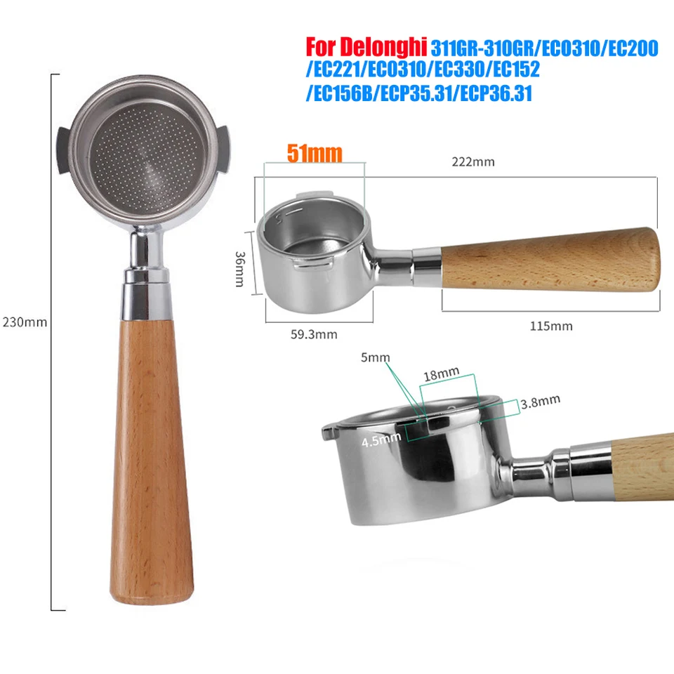 Delonghi 51 mm 2 uší káva bez dna Portafilter Filter 304 nehrdzavejúca oceľ 1 2 4 šálky Filtrový kôš Kávové doplnky