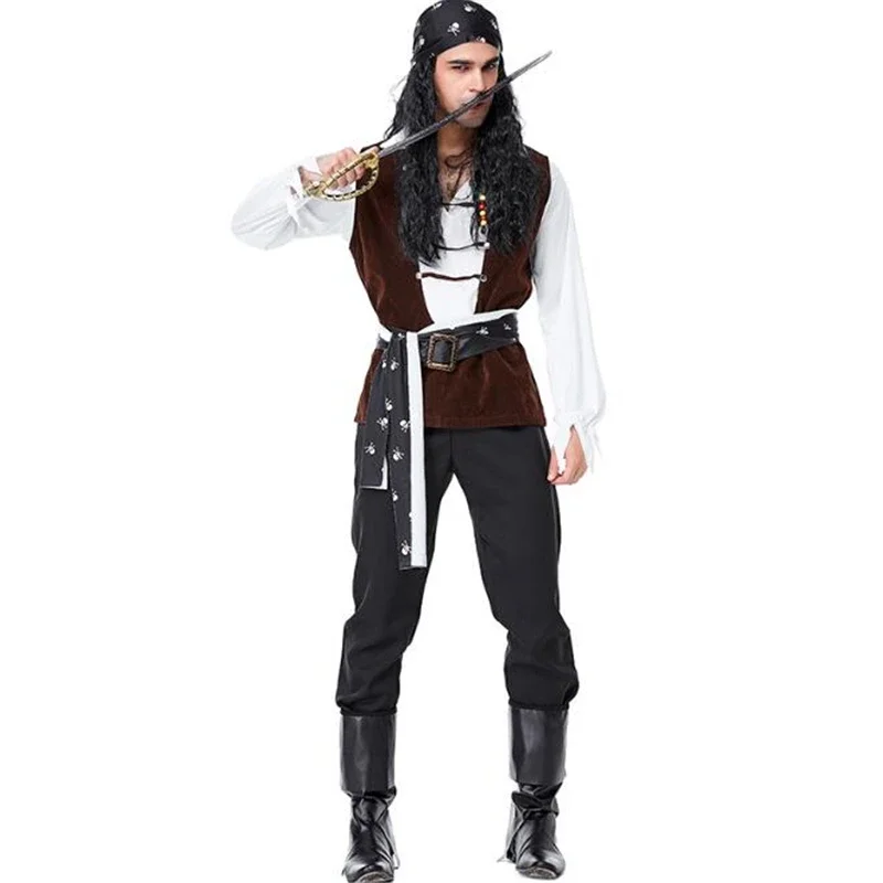 Deluxe muži lebky pirátske kostýmy Halloween divoký dospelý kapitán cosplay oblečenie