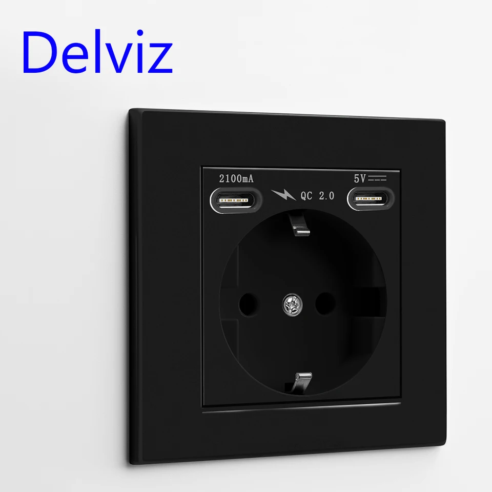Delviz Wall USB Power Socket, AC 110V-250, PC panel 16A stena vložená elektrická výstup, EÚ Standard 2A Double Type C USB Socket