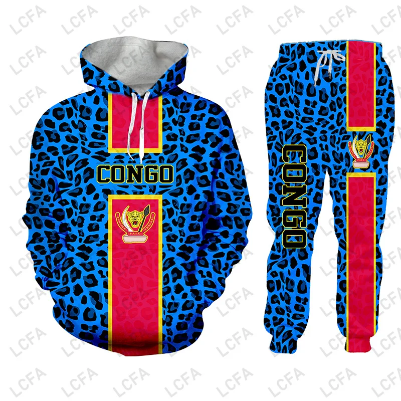 Demokratická republika Kongo Vlajka 3D tlač leopardovej mikiny unisex Casy Pullover Tracksuit Men Men Muži oblečenie športový dres
