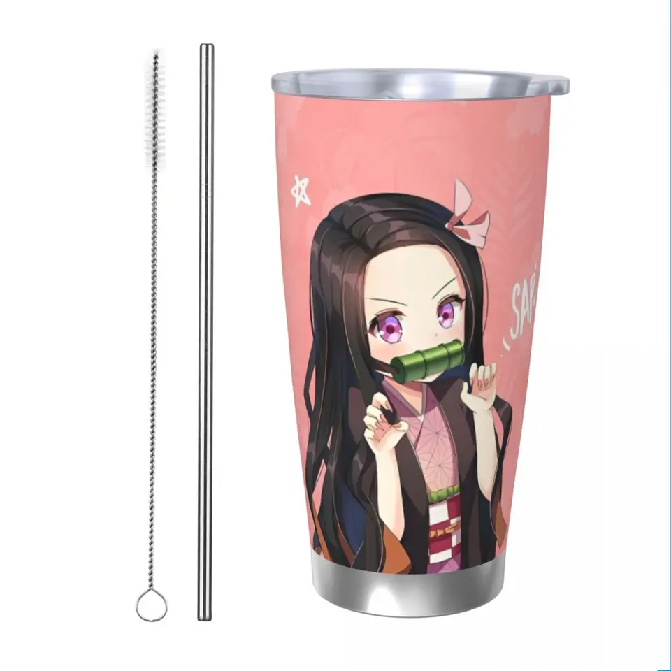 Demon Slayer Anime Nezuko Kamado Izolovaný pohárik so slamami Vákuové kávové hrnčeky vonkajšie cestovné termos fľašové šálky, 20 oz