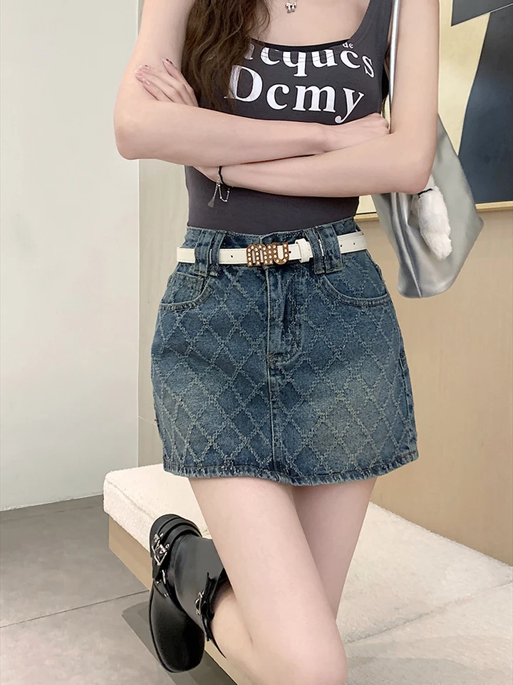 Denim Denim Diamond Diamond Plaid Plaid A-Line High Pase Mini sukňa 2024 Jarné leto New Fashion Streetwear