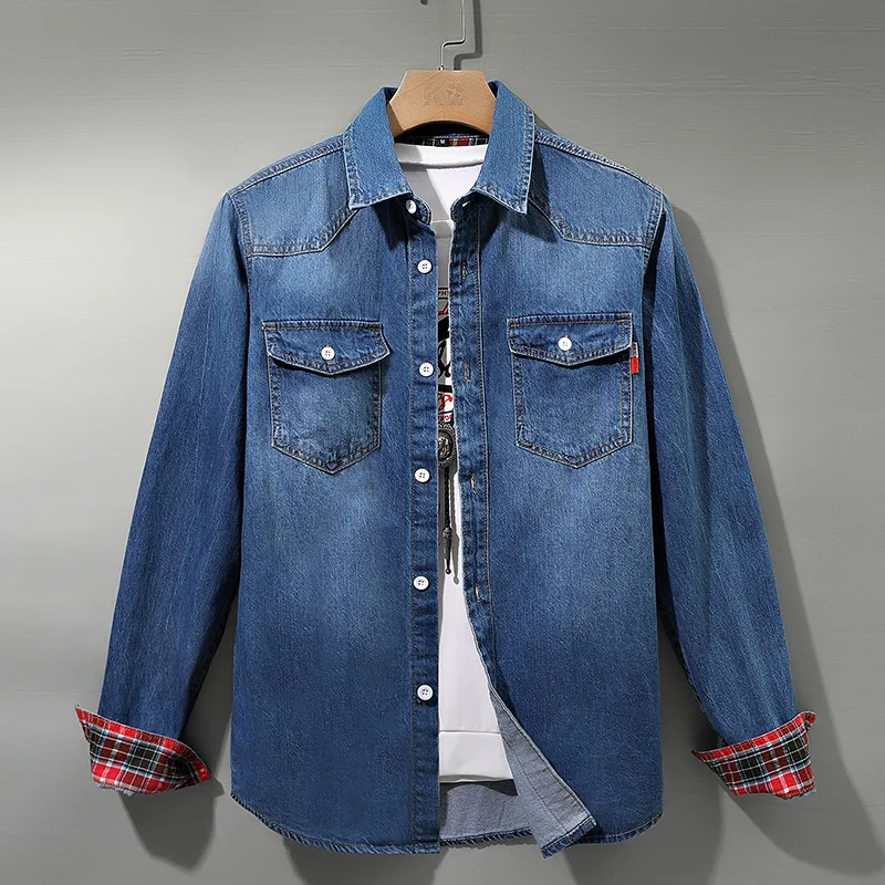 Denim košeľa muži bavlnené džínsy košeľa módne jeseň štíhle kovbojské košele s dlhým rukávom štýlové umývanie štíhle topy ázijské veľkosti 4xl