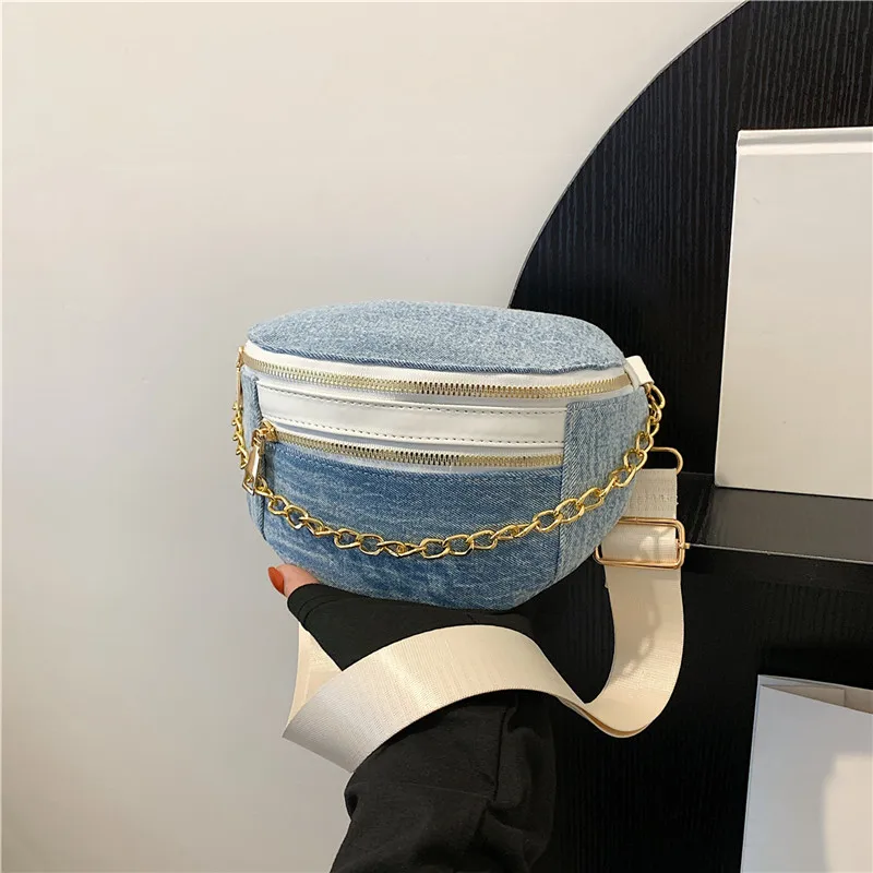 Denim Zipper Ladies Crossbody Bags Chains Design prenosné nové pásy balenia pre ženy 2024 módne Bolsas para mjeres